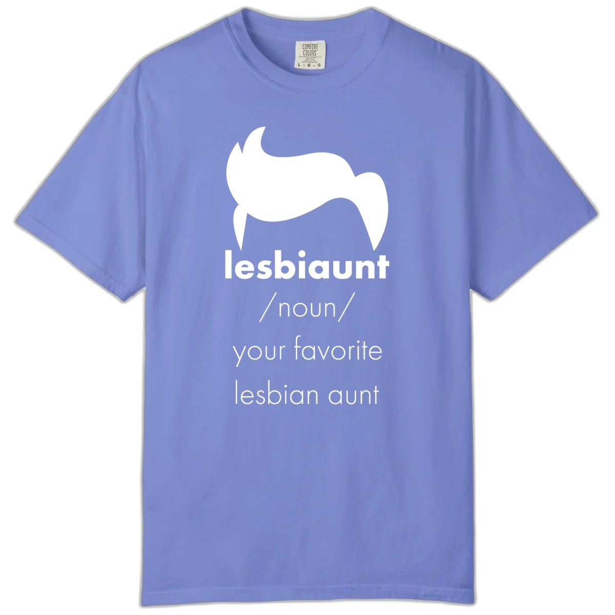 Lesbiaunt design featuring stylized hair silhouette with definition text celebrating lesbian aunts in Flo Blue