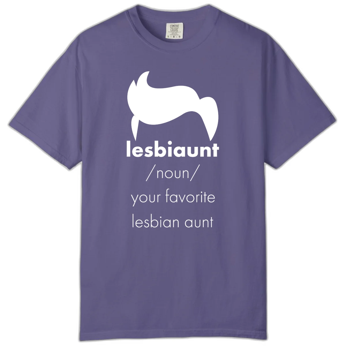Lesbiaunt design featuring stylized hair silhouette with definition text celebrating lesbian aunts in Grape