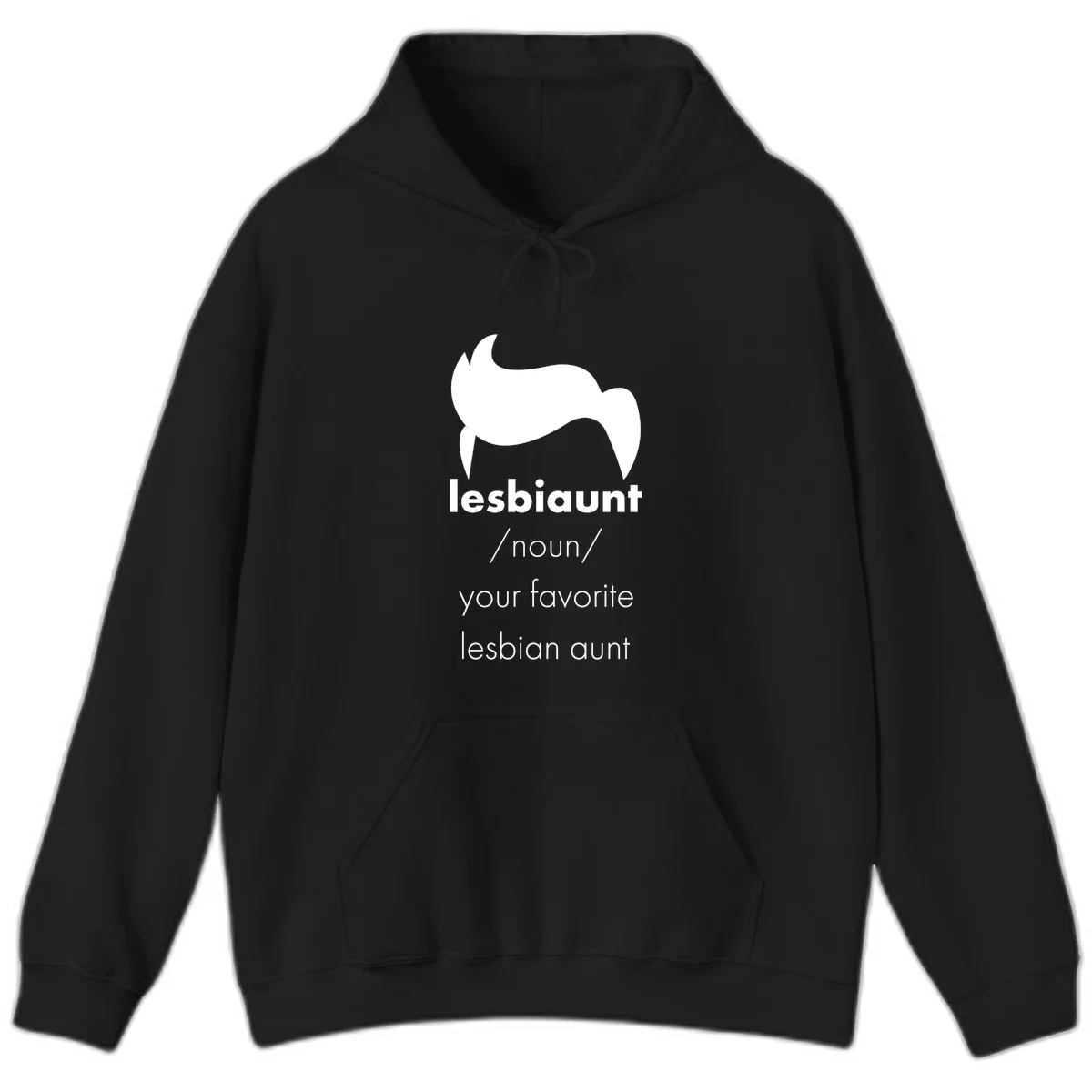 Lesbiaunt design featuring stylized hair silhouette with definition text celebrating lesbian aunts in Black