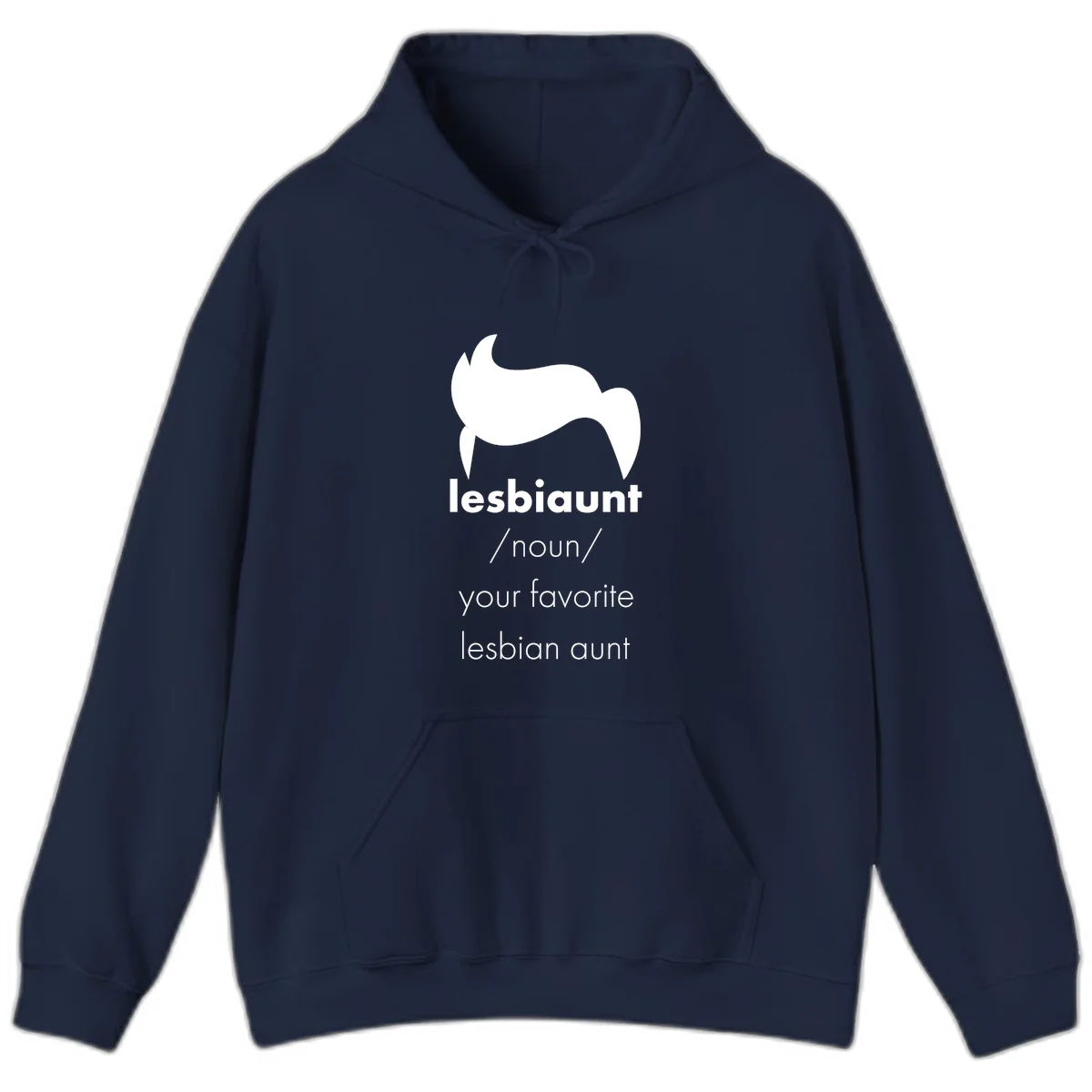 Lesbiaunt design featuring stylized hair silhouette with definition text celebrating lesbian aunts in Navy