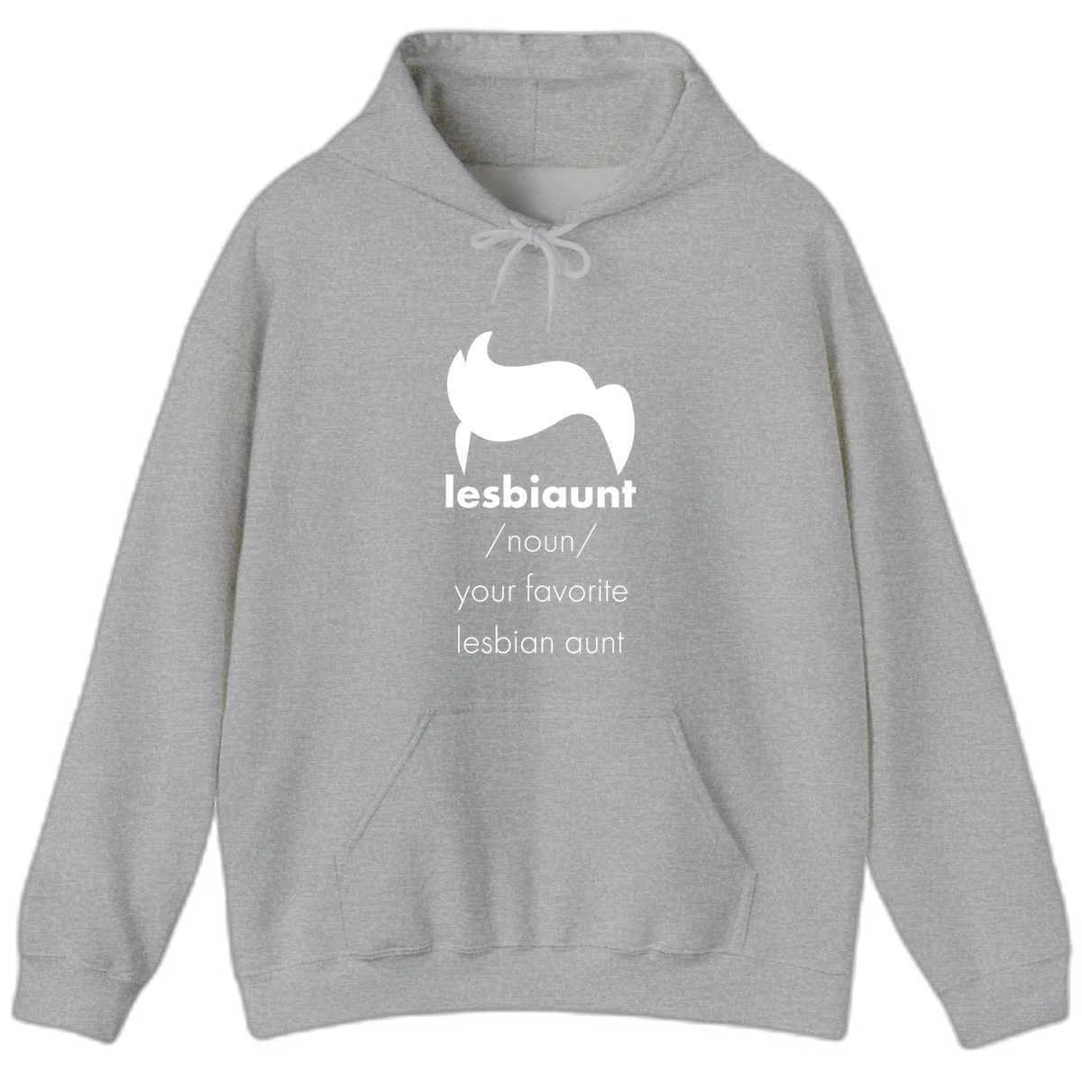 Lesbiaunt design featuring stylized hair silhouette with definition text celebrating lesbian aunts in Sport Grey