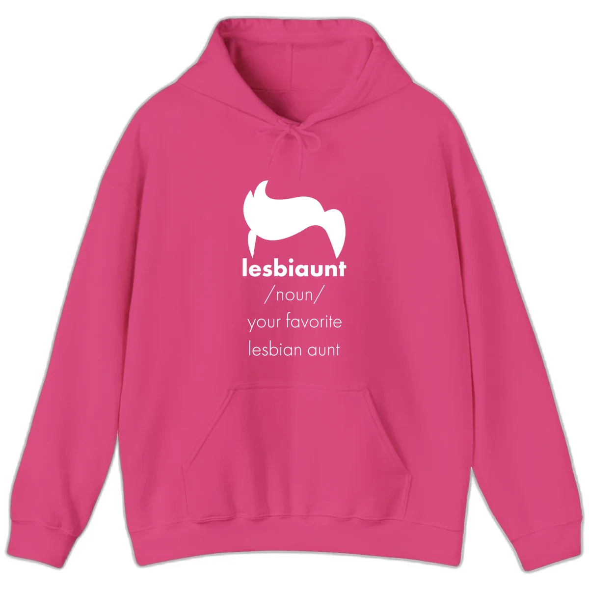 Lesbiaunt design featuring stylized hair silhouette with definition text celebrating lesbian aunts in Heliconia
