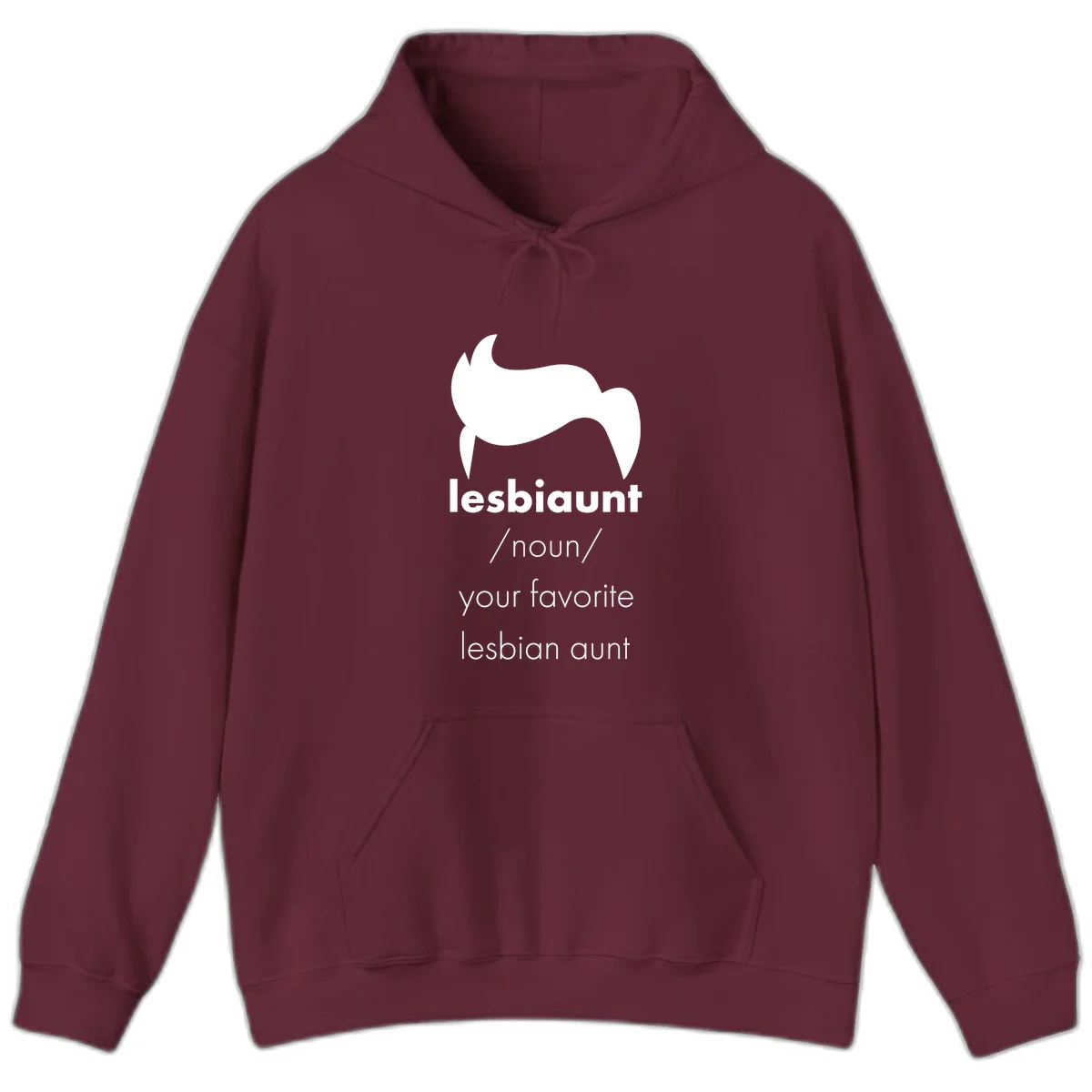 Lesbiaunt design featuring stylized hair silhouette with definition text celebrating lesbian aunts in Maroon