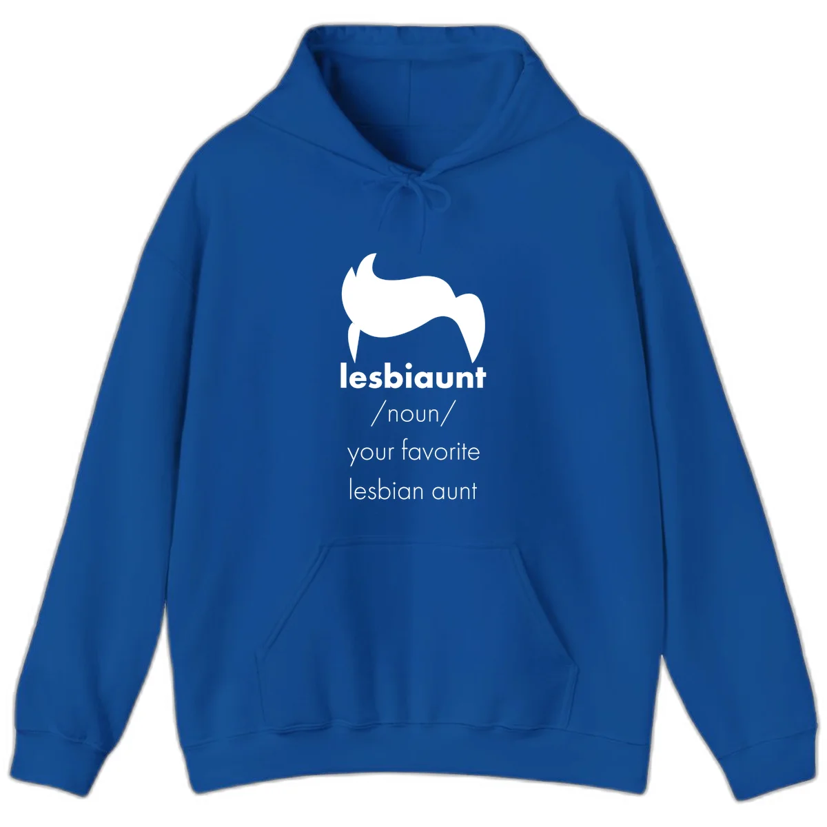 Lesbiaunt design featuring stylized hair silhouette with definition text celebrating lesbian aunts in Royal