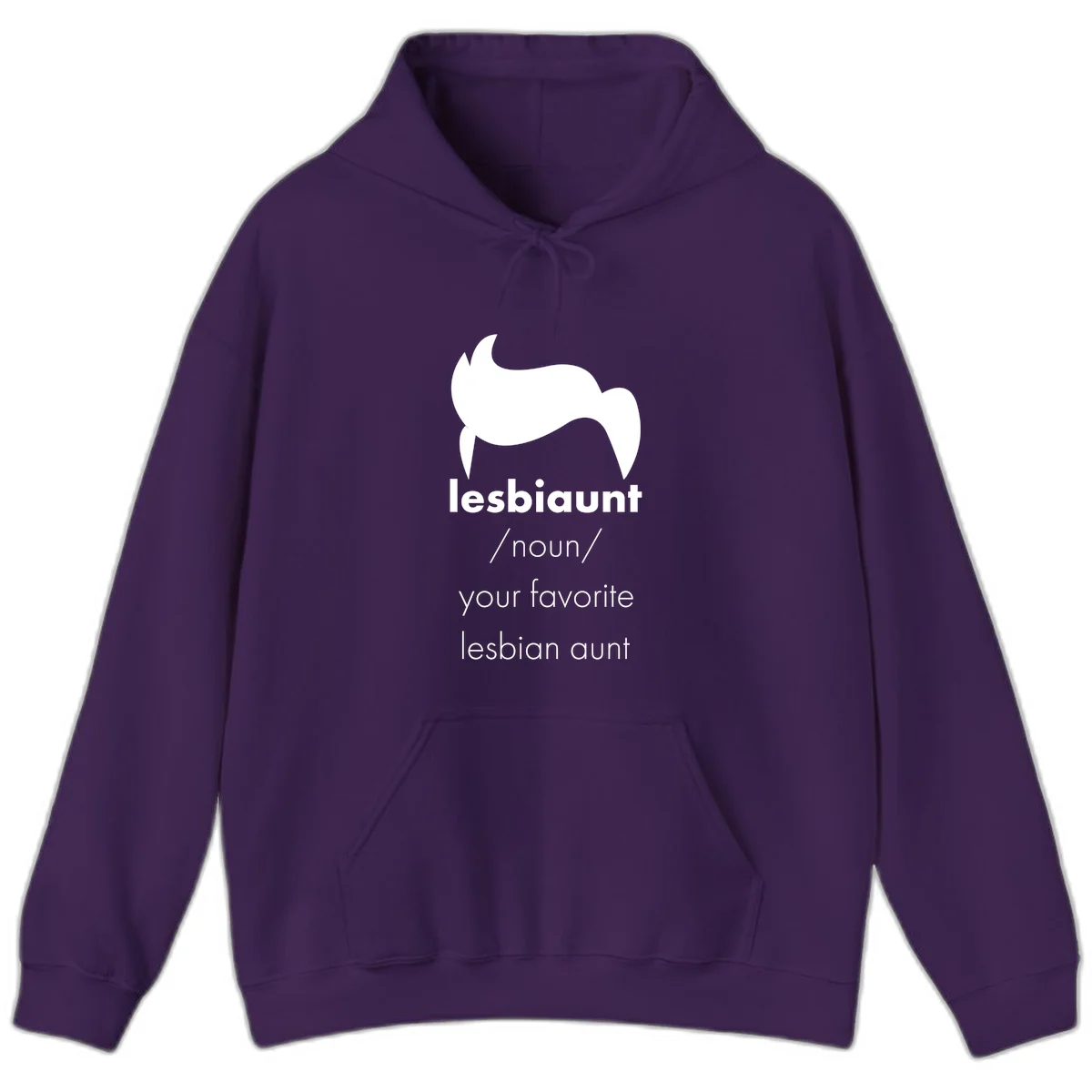 Lesbiaunt design featuring stylized hair silhouette with definition text celebrating lesbian aunts in Purple
