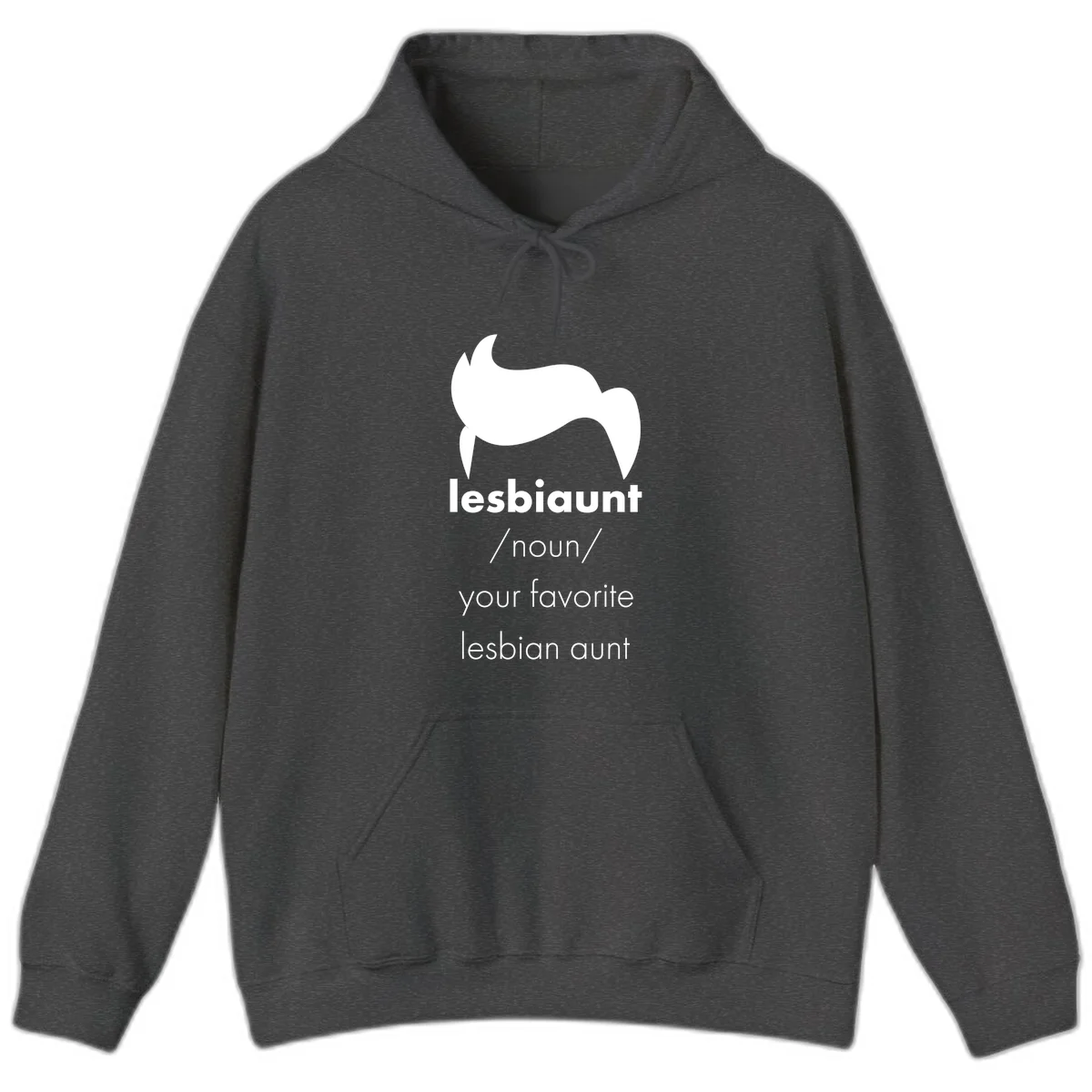 Lesbiaunt design featuring stylized hair silhouette with definition text celebrating lesbian aunts in Dark Heather