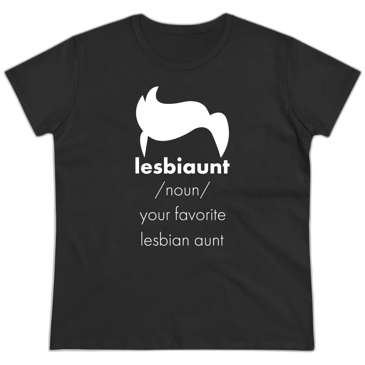 Lesbiaunt design featuring stylized hair silhouette with definition text celebrating lesbian aunts in Black