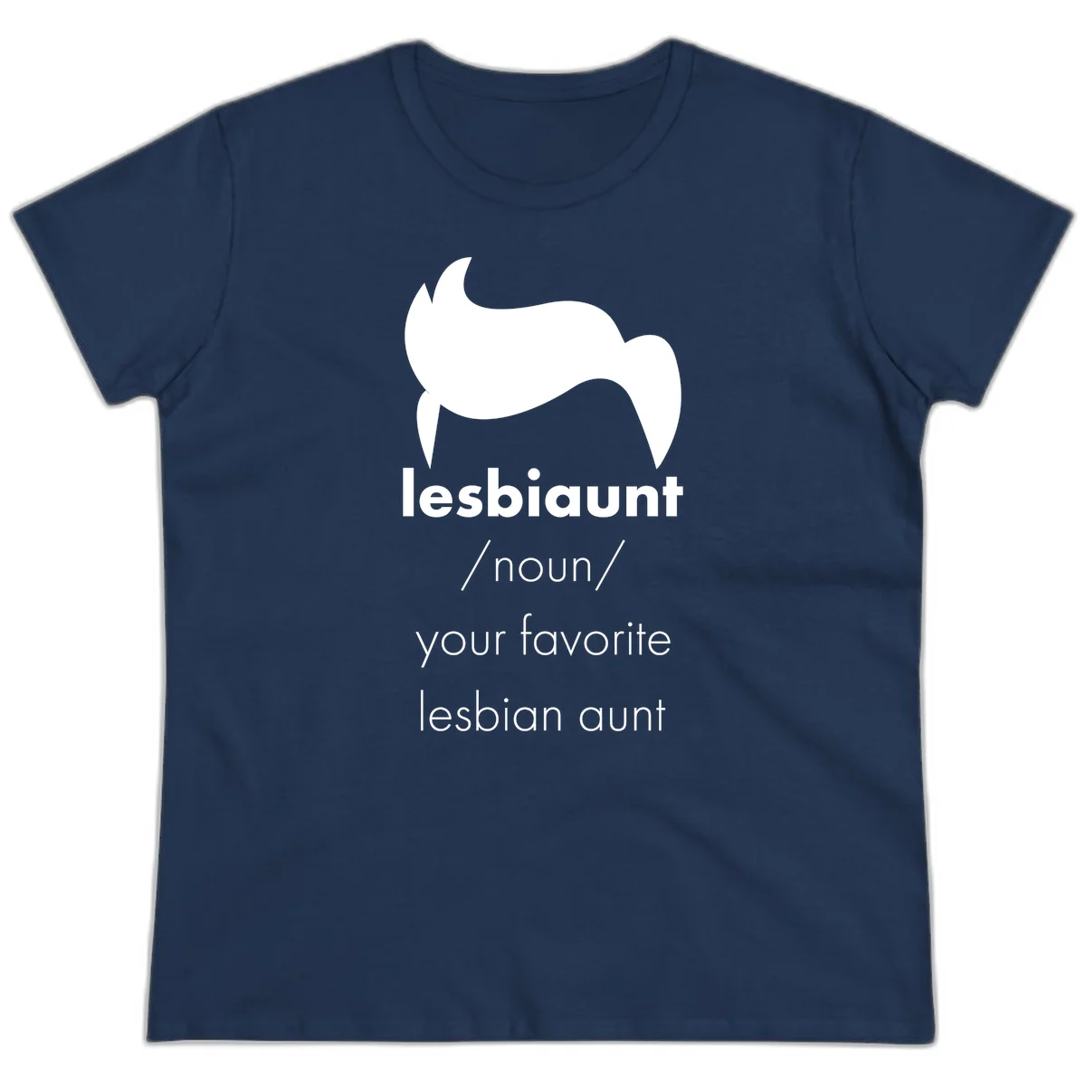 Lesbiaunt design featuring stylized hair silhouette with definition text celebrating lesbian aunts in Navy