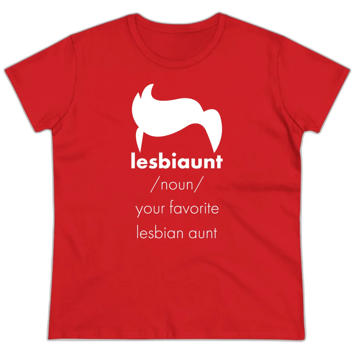 Lesbiaunt design featuring stylized hair silhouette with definition text celebrating lesbian aunts in Red