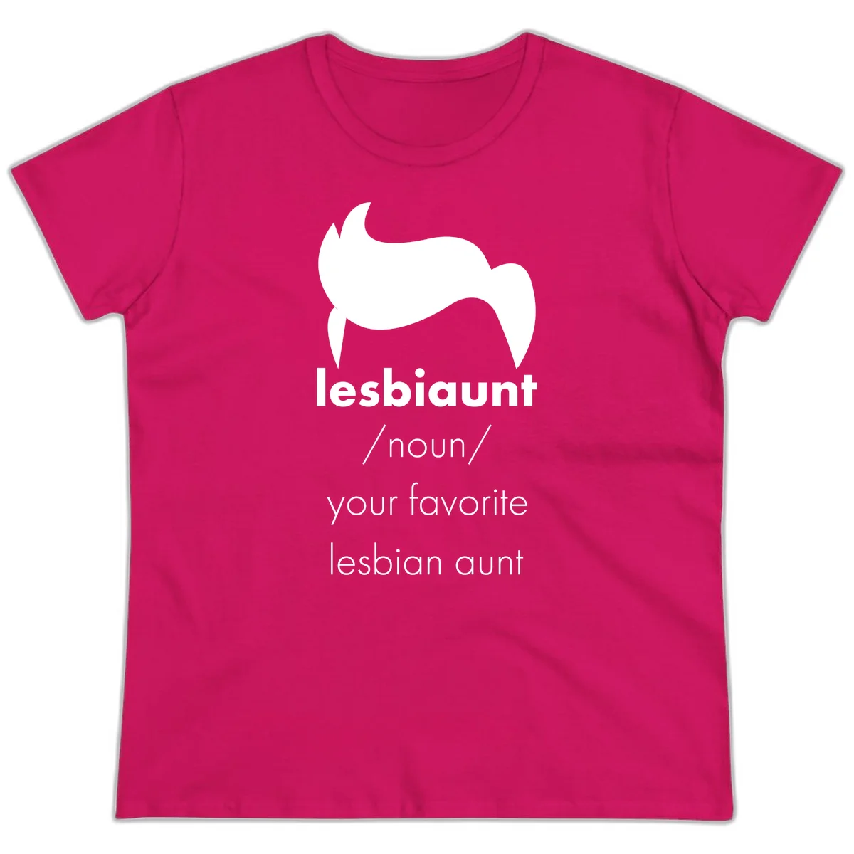 Lesbiaunt design featuring stylized hair silhouette with definition text celebrating lesbian aunts in Heliconia