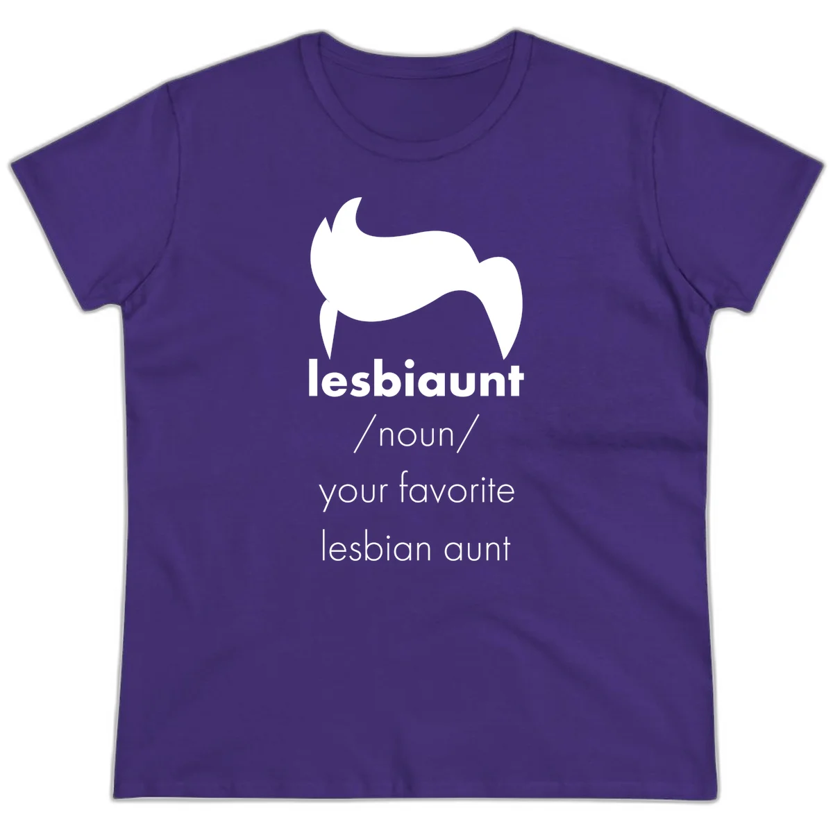 Lesbiaunt design featuring stylized hair silhouette with definition text celebrating lesbian aunts in Purple