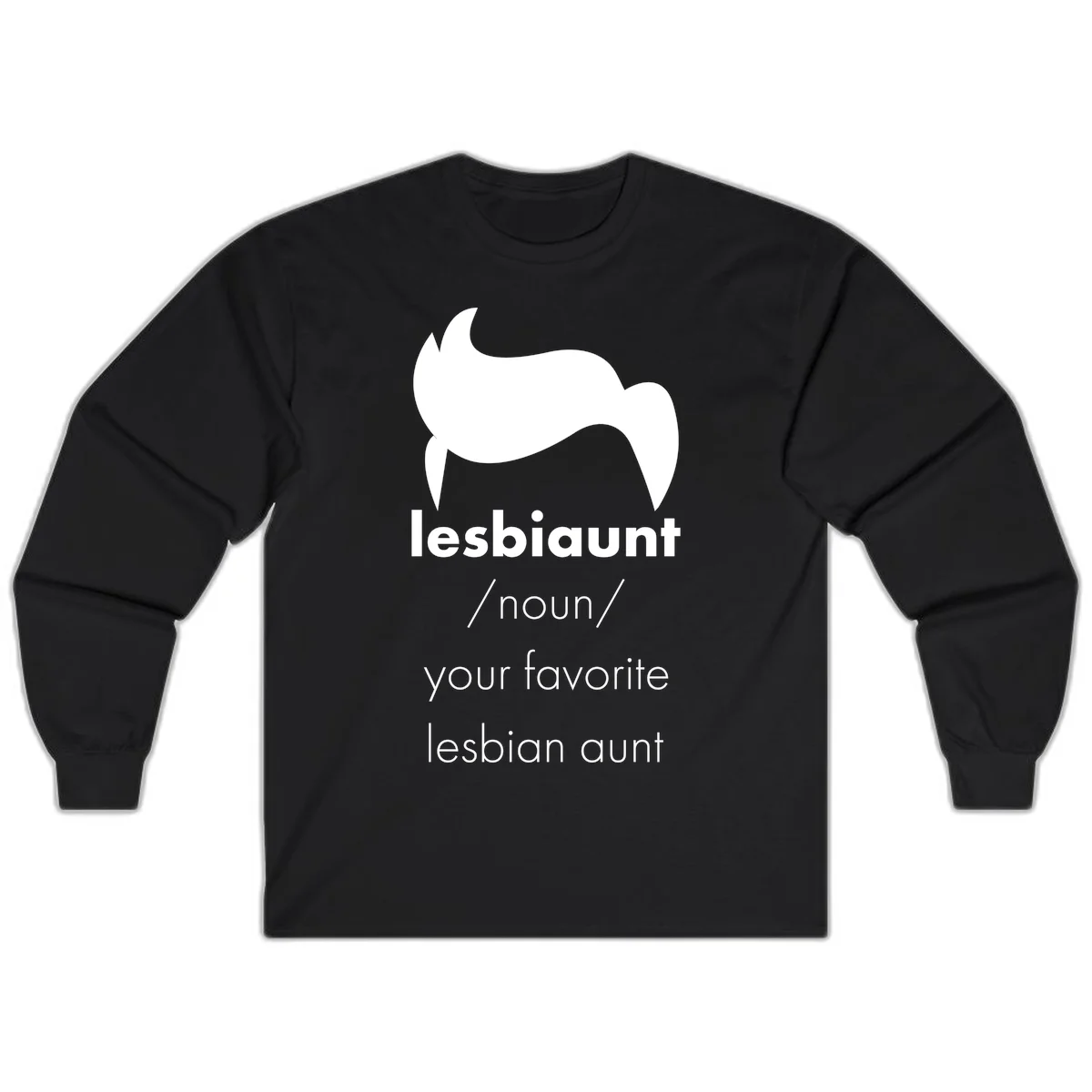 Lesbiaunt design featuring stylized hair silhouette with definition text celebrating lesbian aunts in Black