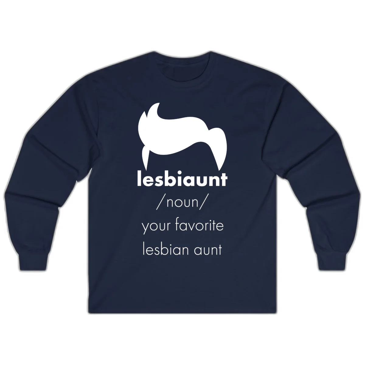 Lesbiaunt design featuring stylized hair silhouette with definition text celebrating lesbian aunts in Navy