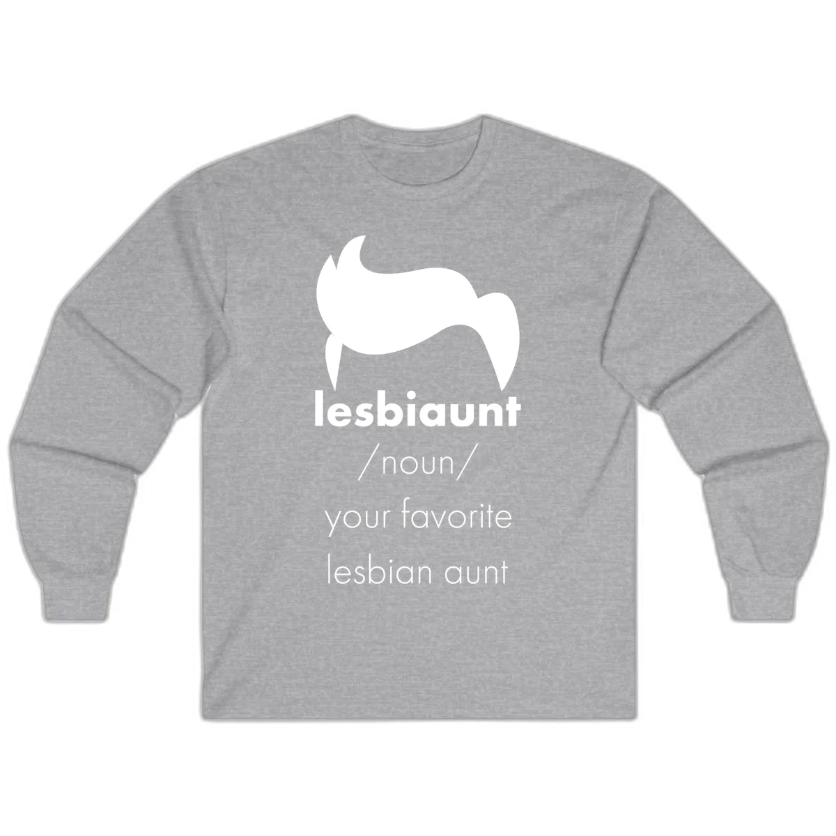 Lesbiaunt design featuring stylized hair silhouette with definition text celebrating lesbian aunts in Sport Grey