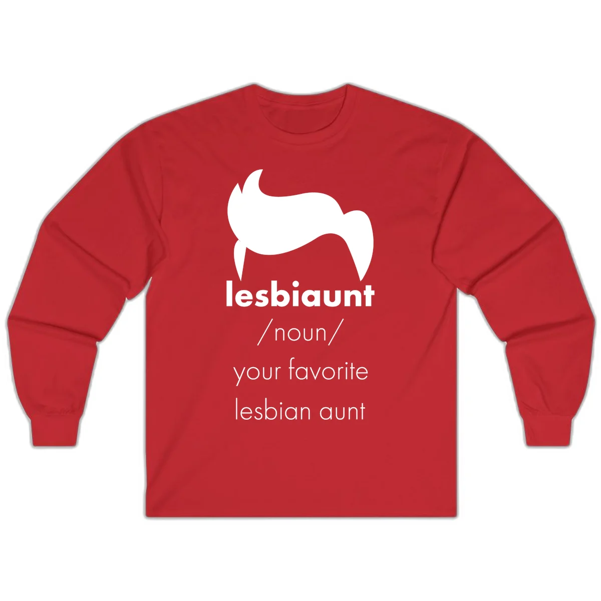 Lesbiaunt design featuring stylized hair silhouette with definition text celebrating lesbian aunts in Red