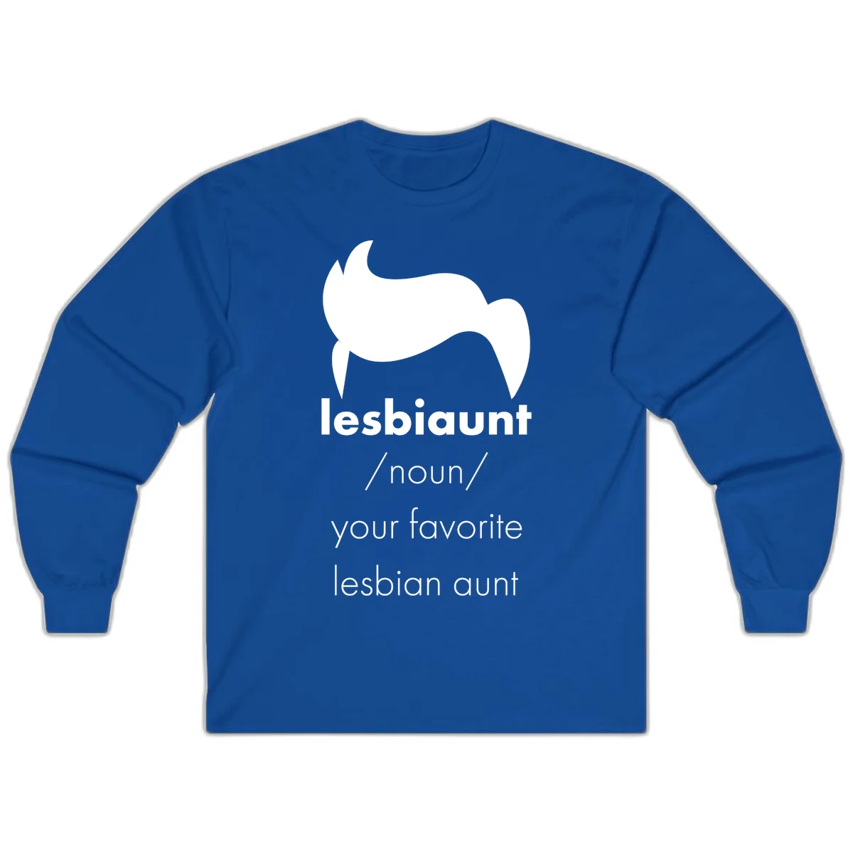 Lesbiaunt design featuring stylized hair silhouette with definition text celebrating lesbian aunts in Royal