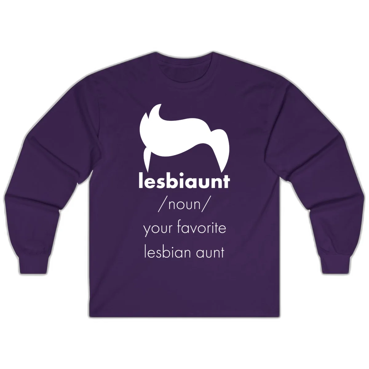 Lesbiaunt design featuring stylized hair silhouette with definition text celebrating lesbian aunts in Purple
