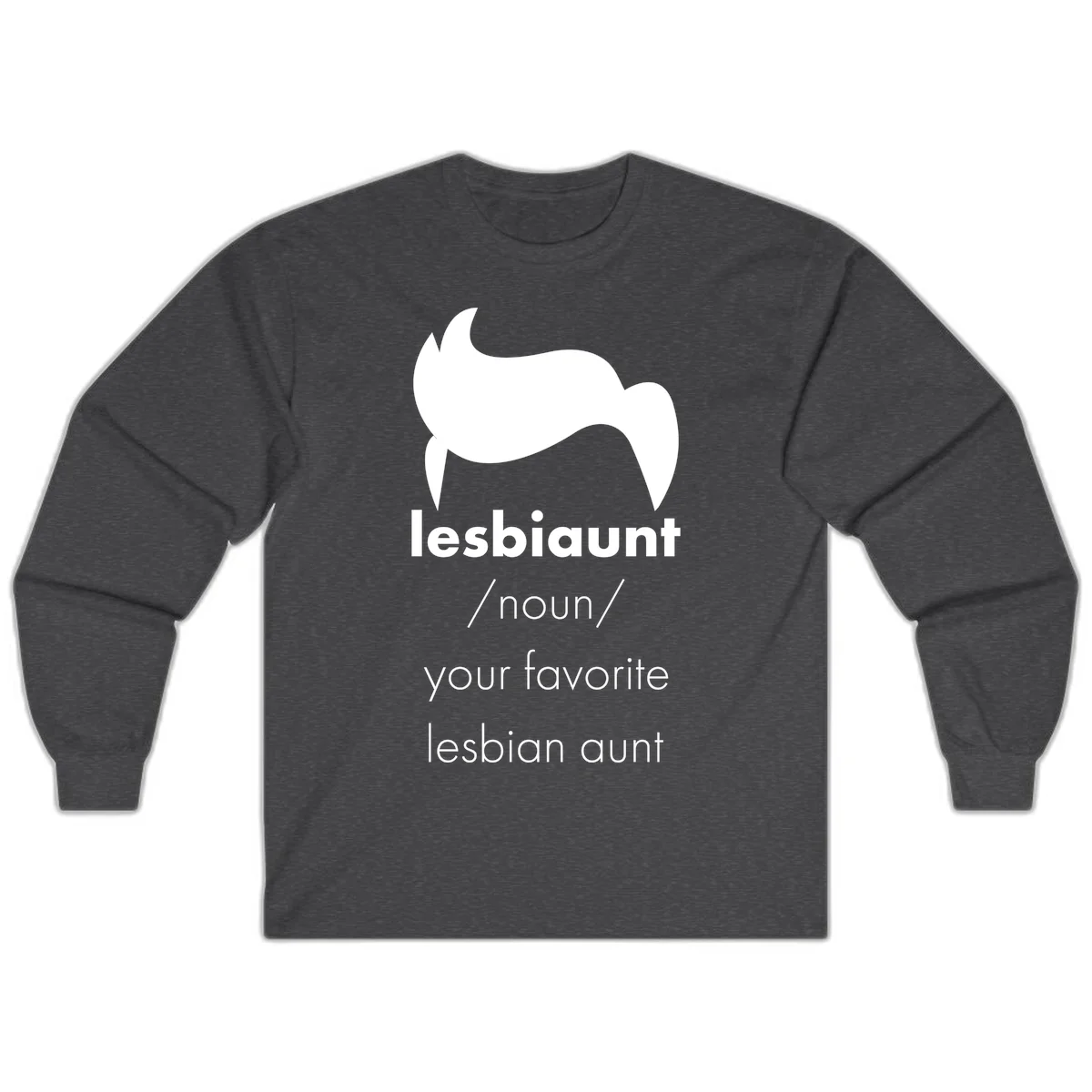 Lesbiaunt design featuring stylized hair silhouette with definition text celebrating lesbian aunts in Dark Heather