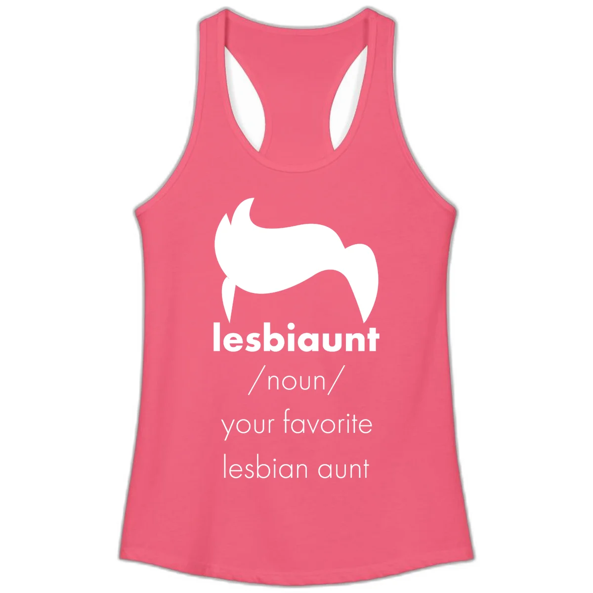 Lesbiaunt design featuring stylized hair silhouette with definition text celebrating lesbian aunts in Hot Pink