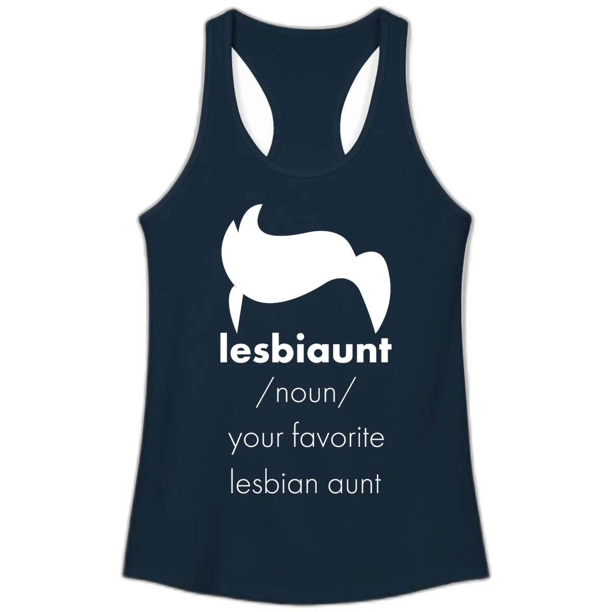 Lesbiaunt design featuring stylized hair silhouette with definition text celebrating lesbian aunts in Solid Midnight Navy