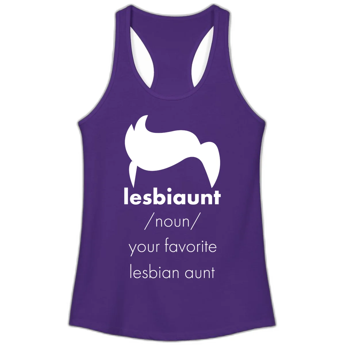 Lesbiaunt design featuring stylized hair silhouette with definition text celebrating lesbian aunts in Solid Purple Rush