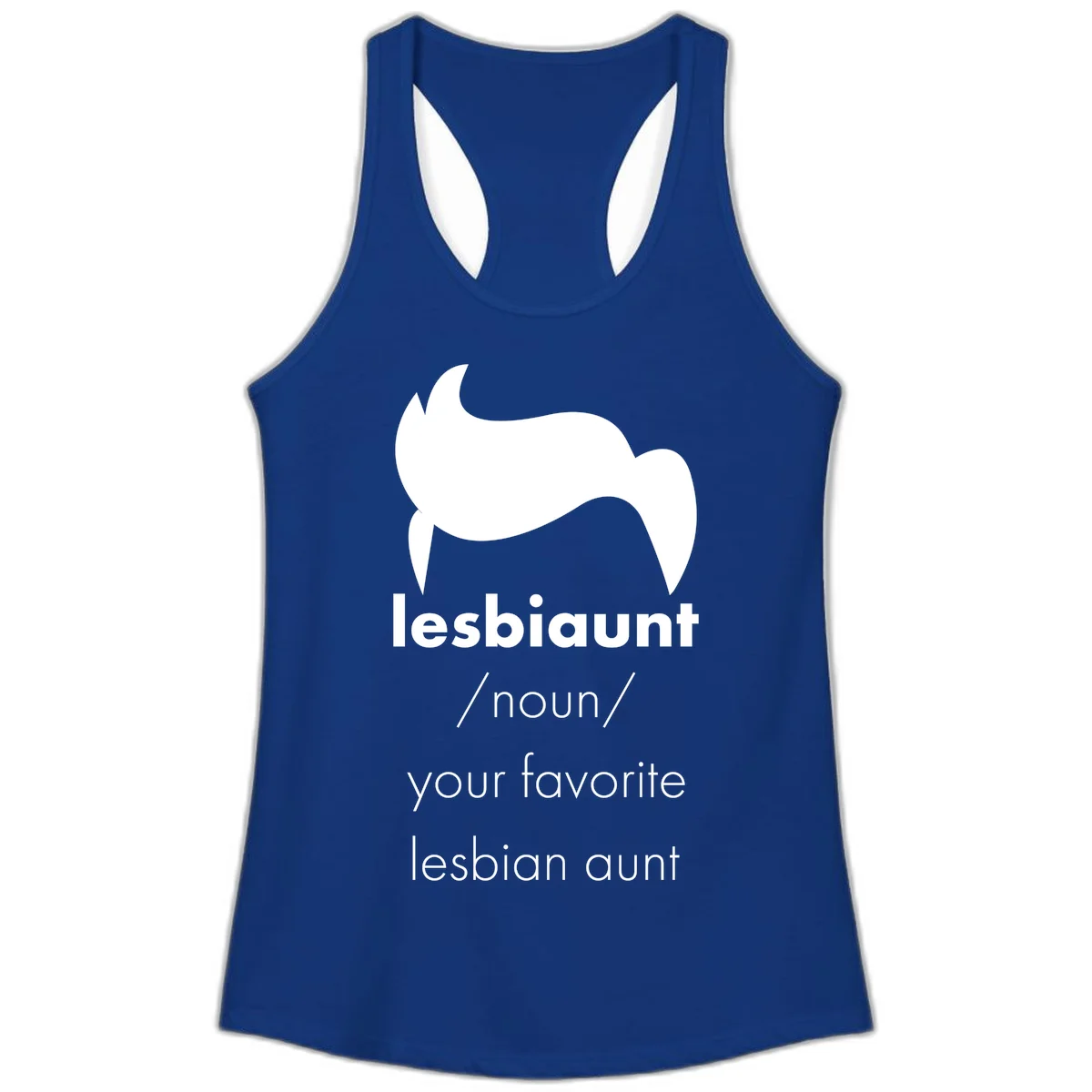 Lesbiaunt design featuring stylized hair silhouette with definition text celebrating lesbian aunts in Solid Royal