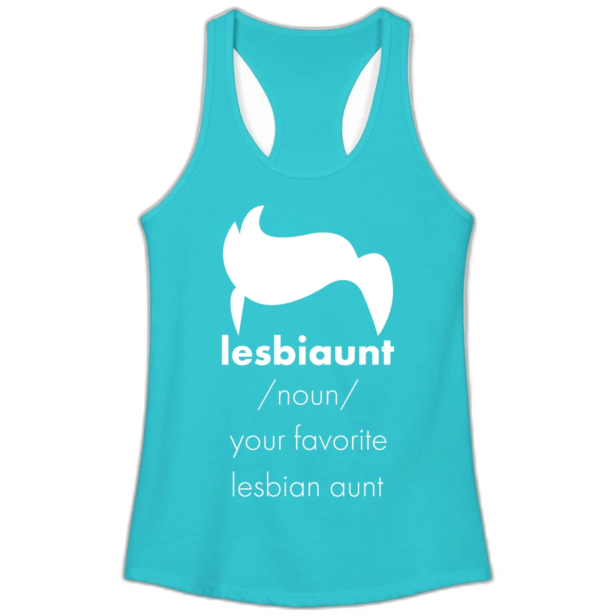 Lesbiaunt design featuring stylized hair silhouette with definition text celebrating lesbian aunts in Solid Tahiti Blue
