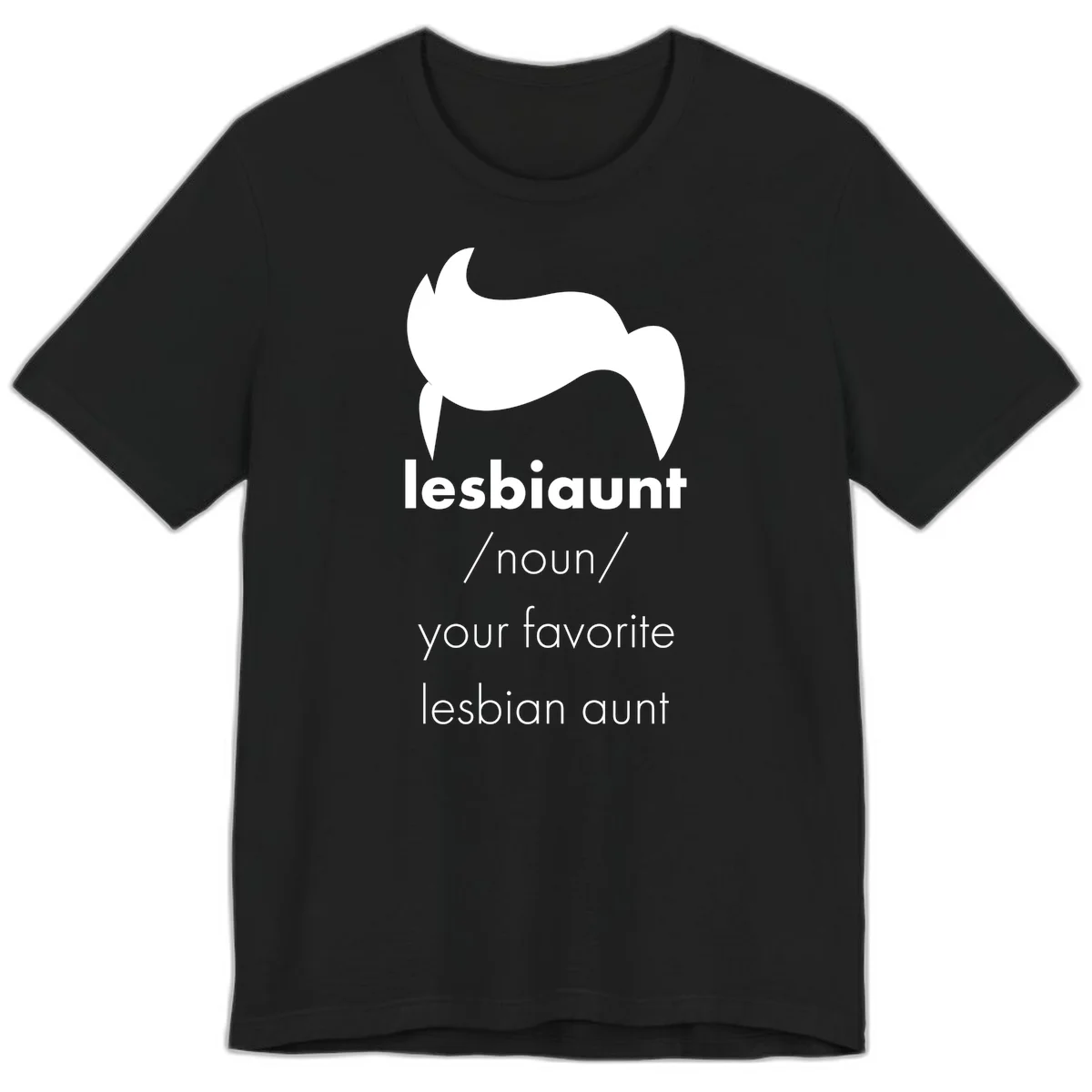 Lesbiaunt design featuring stylized hair silhouette with definition text celebrating lesbian aunts in Black