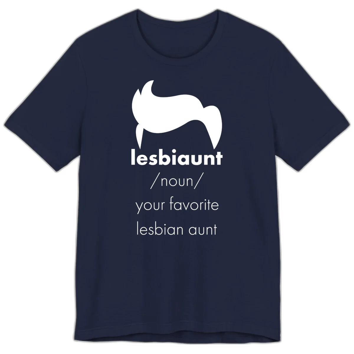 Lesbiaunt design featuring stylized hair silhouette with definition text celebrating lesbian aunts in Navy