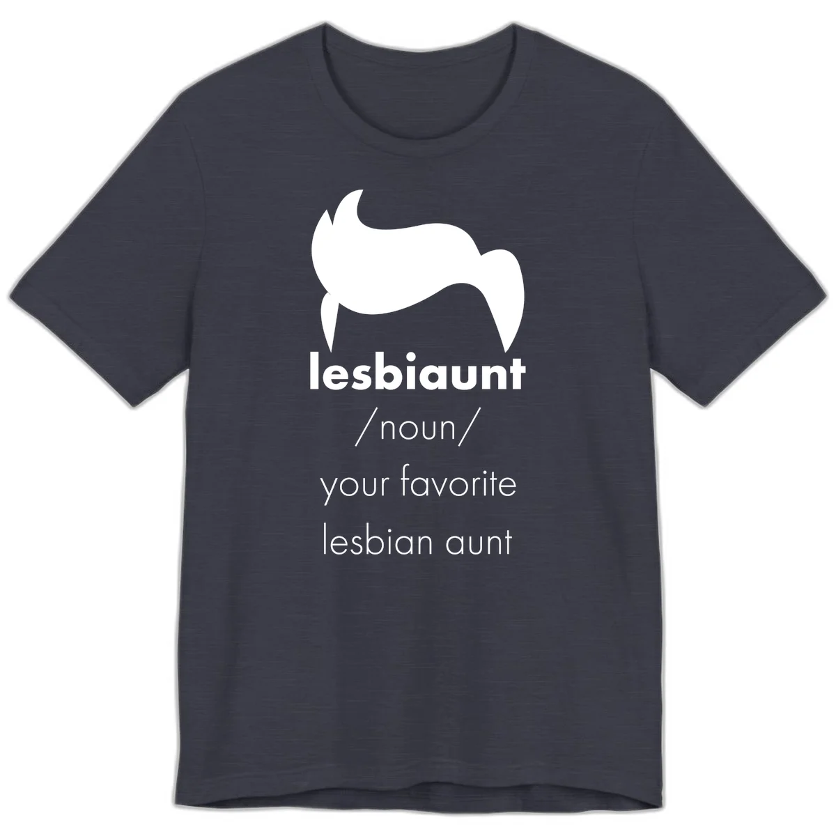 Lesbiaunt design featuring stylized hair silhouette with definition text celebrating lesbian aunts in Heather Midnight Navy