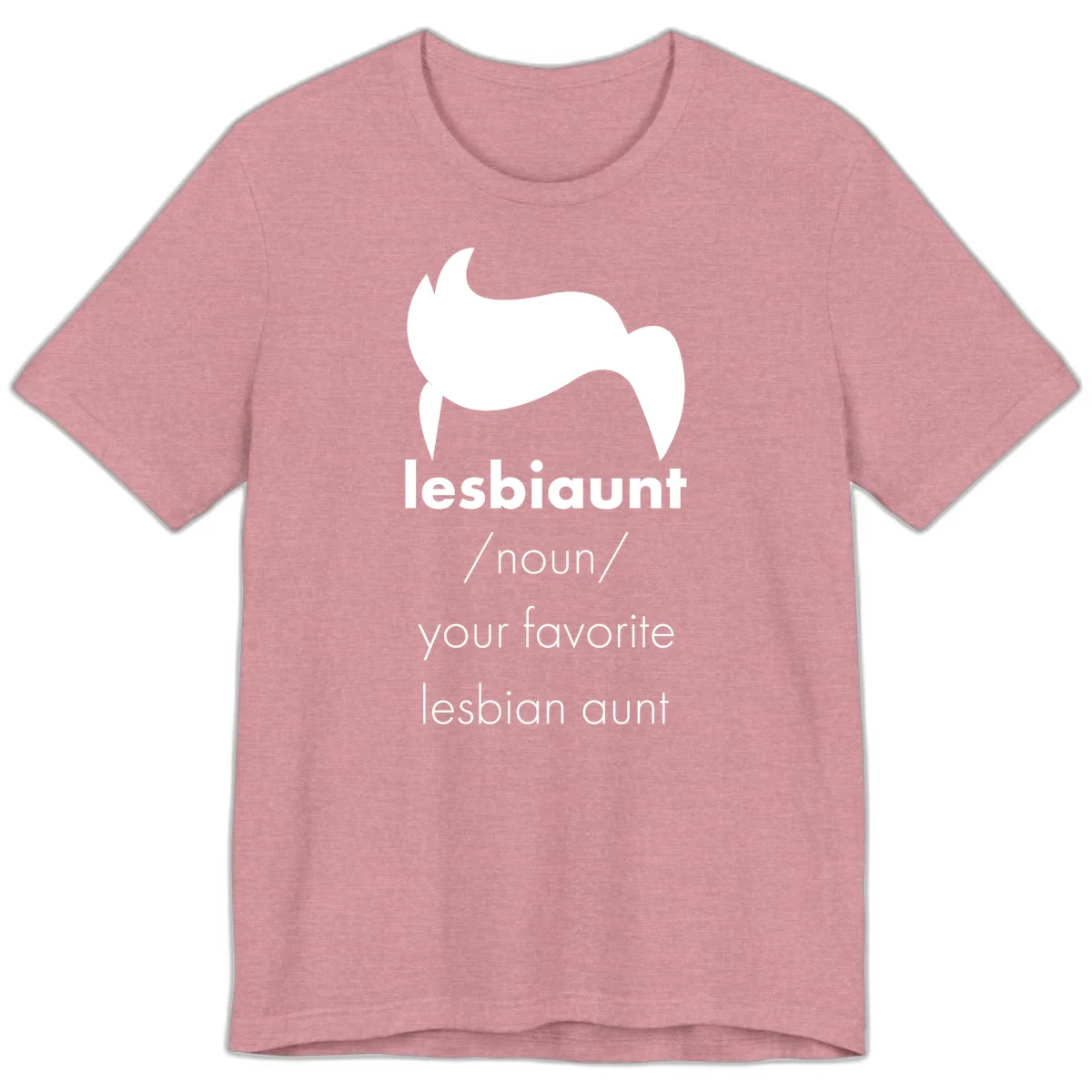 Lesbiaunt design featuring stylized hair silhouette with definition text celebrating lesbian aunts in Heather Orchid