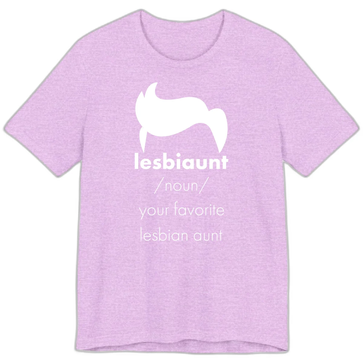 Lesbiaunt design featuring stylized hair silhouette with definition text celebrating lesbian aunts in Heather Prism Lilac