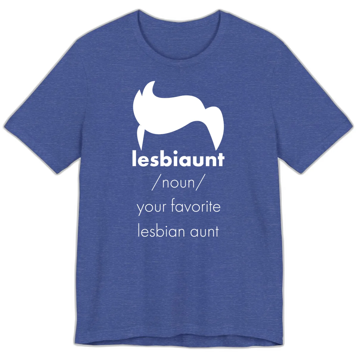Lesbiaunt design featuring stylized hair silhouette with definition text celebrating lesbian aunts in Heather True Royal