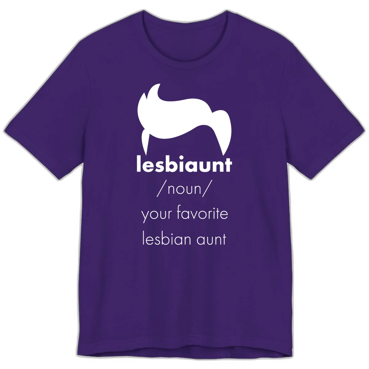 Lesbiaunt design featuring stylized hair silhouette with definition text celebrating lesbian aunts in Team Purple