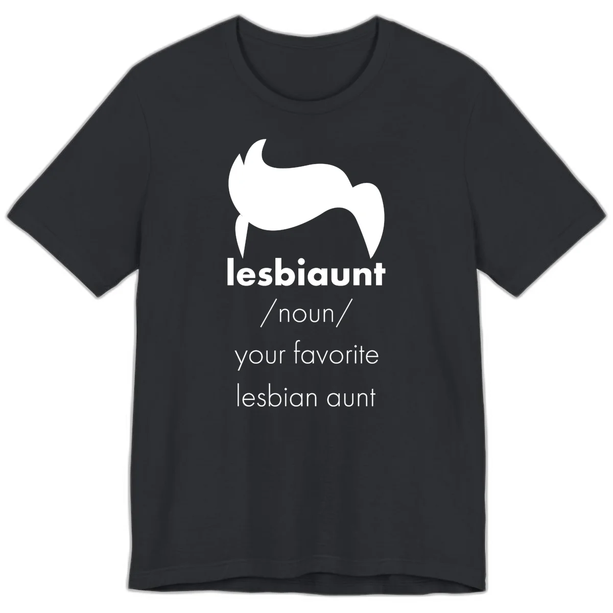 Lesbiaunt design featuring stylized hair silhouette with definition text celebrating lesbian aunts in Vintage Black