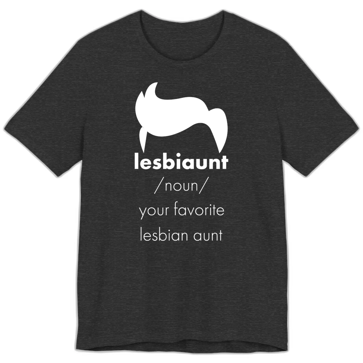 Lesbiaunt design featuring stylized hair silhouette with definition text celebrating lesbian aunts in Dark Grey Heather