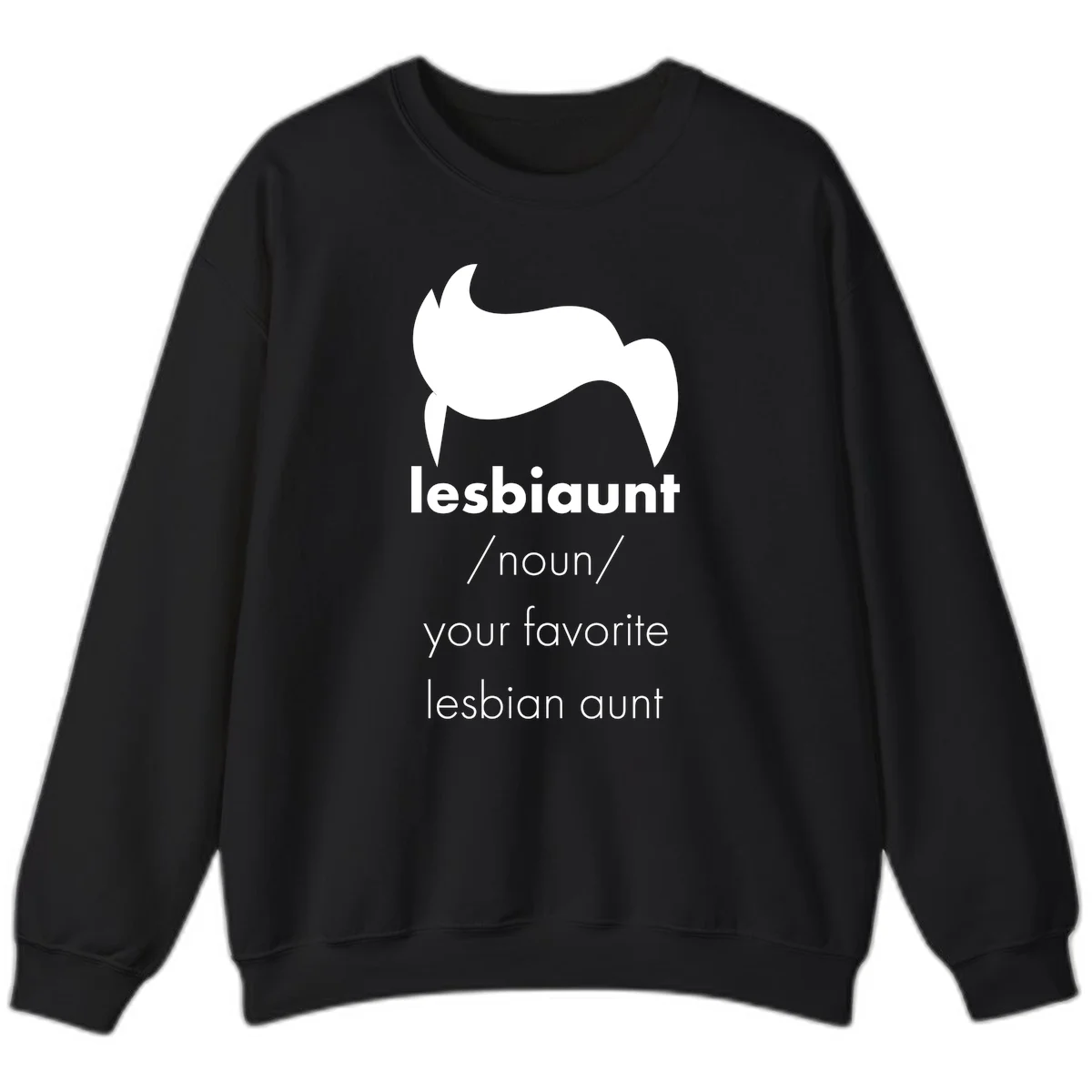 Lesbiaunt design featuring stylized hair silhouette with definition text celebrating lesbian aunts in Black