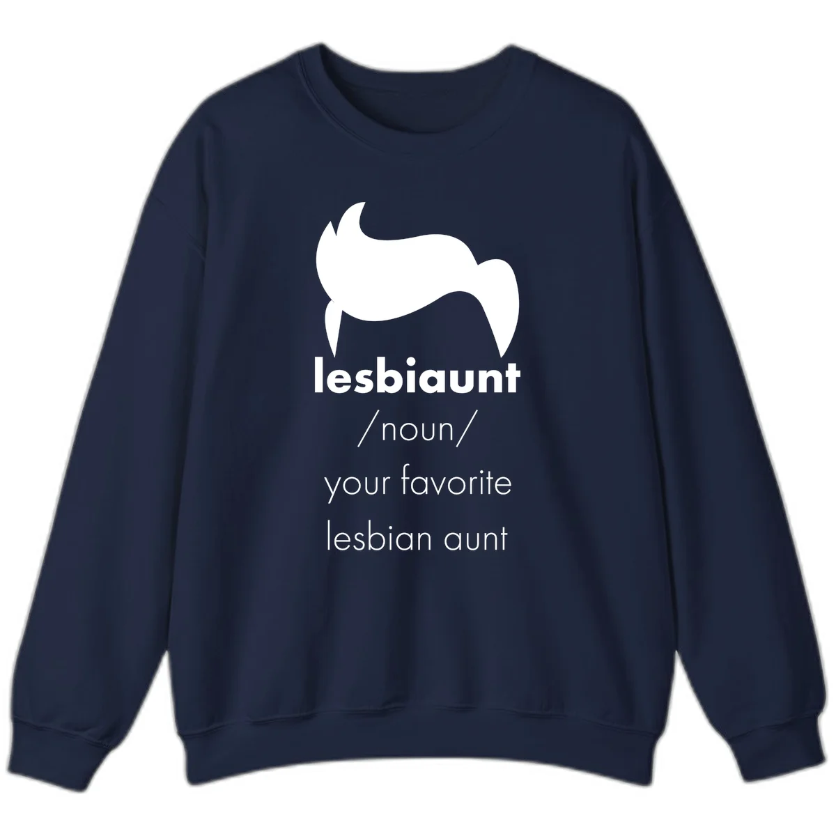 Lesbiaunt design featuring stylized hair silhouette with definition text celebrating lesbian aunts in Navy