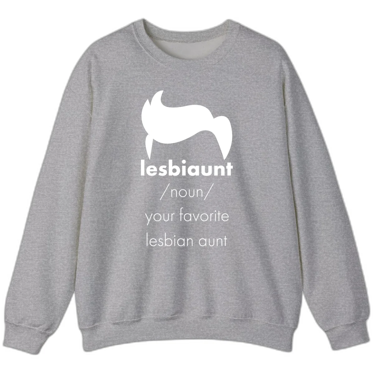 Lesbiaunt design featuring stylized hair silhouette with definition text celebrating lesbian aunts in Sport Grey