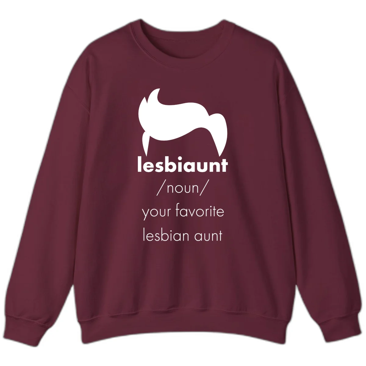 Lesbiaunt design featuring stylized hair silhouette with definition text celebrating lesbian aunts in Maroon