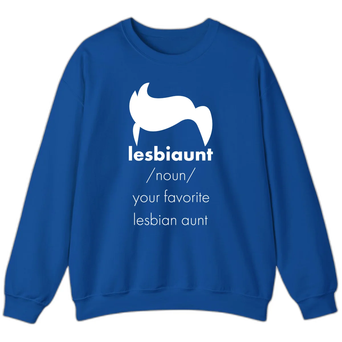 Lesbiaunt design featuring stylized hair silhouette with definition text celebrating lesbian aunts in Royal