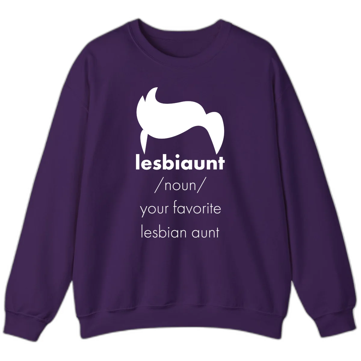 Lesbiaunt design featuring stylized hair silhouette with definition text celebrating lesbian aunts in Purple