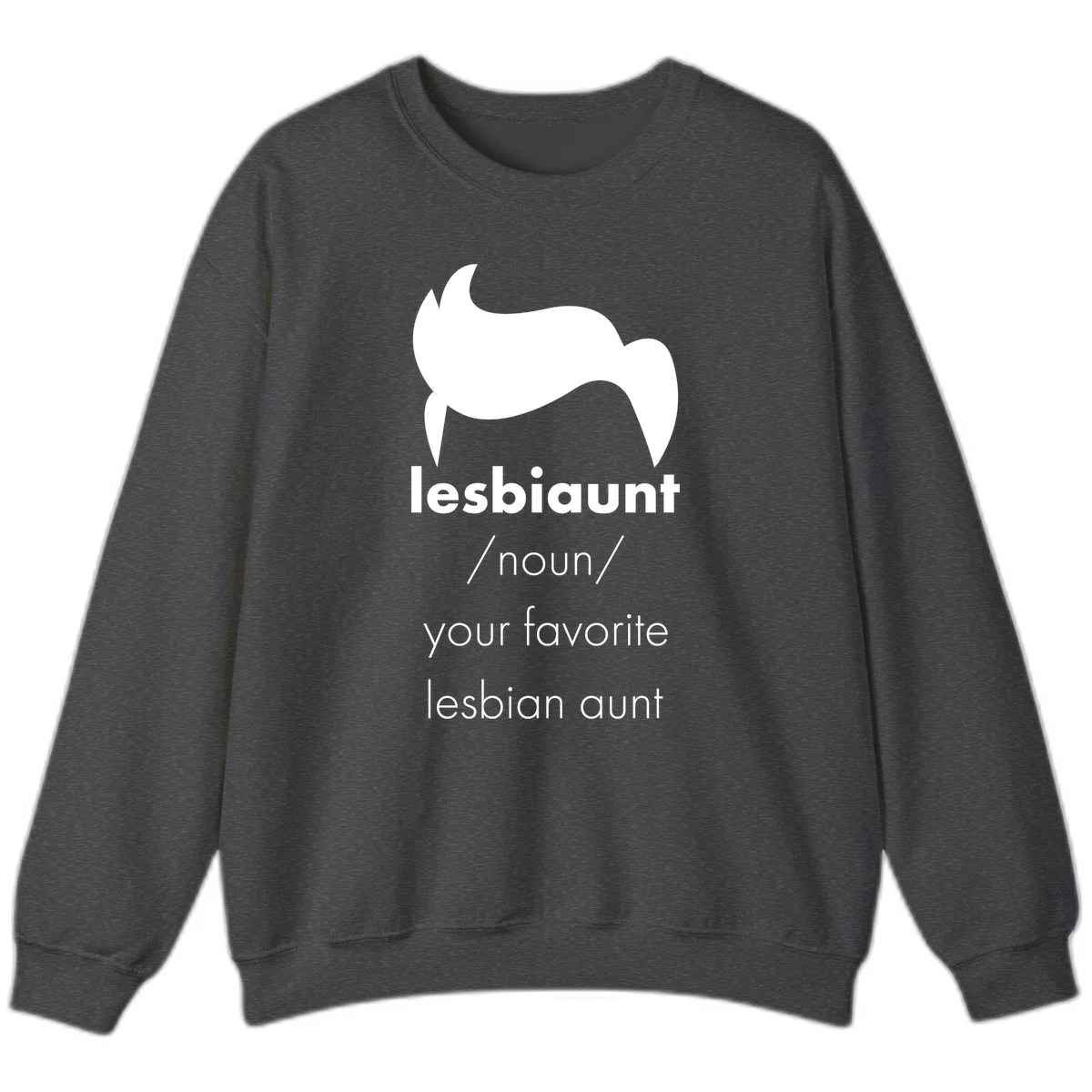 Lesbiaunt design featuring stylized hair silhouette with definition text celebrating lesbian aunts in Dark Heather