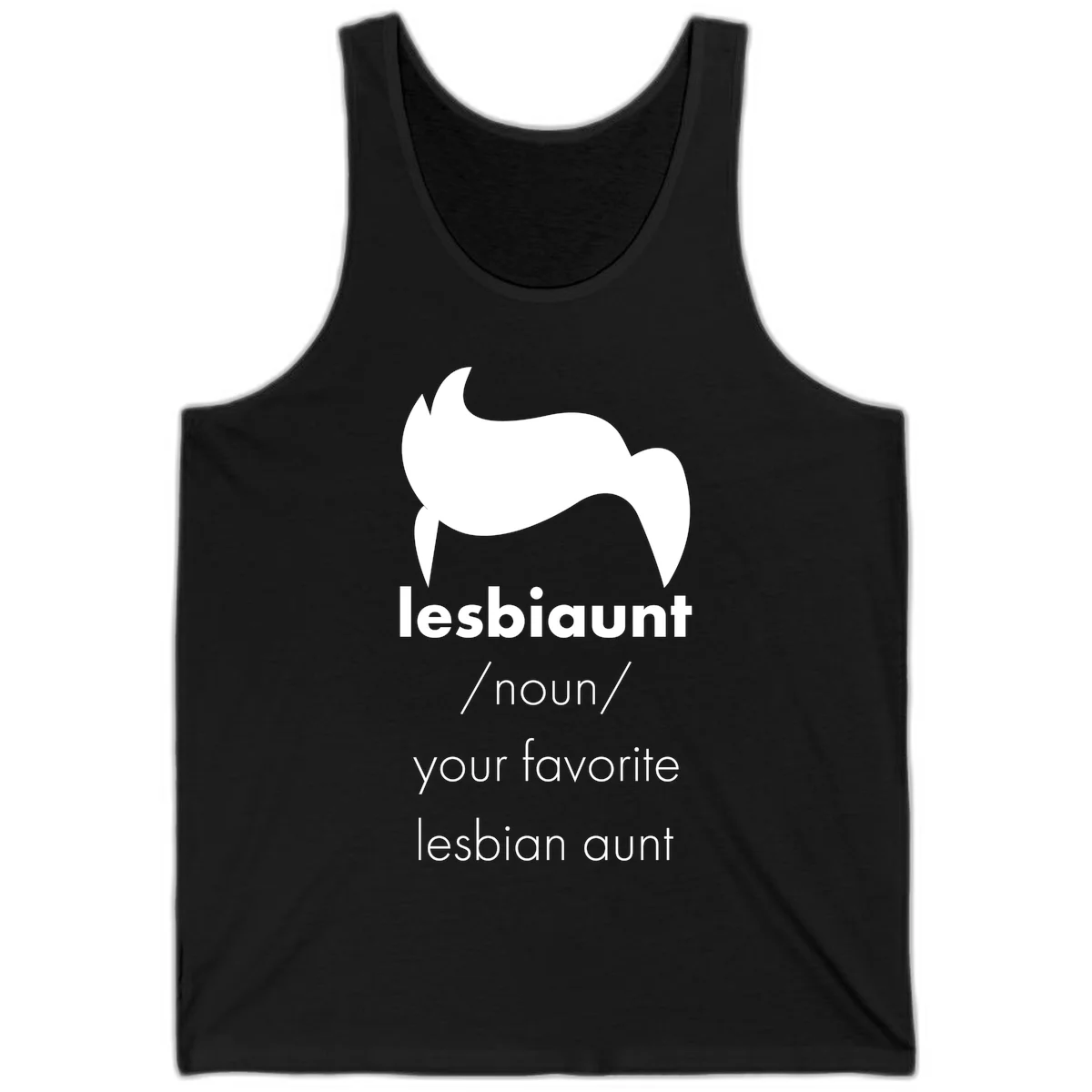 Lesbiaunt design featuring stylized hair silhouette with definition text celebrating lesbian aunts in Black