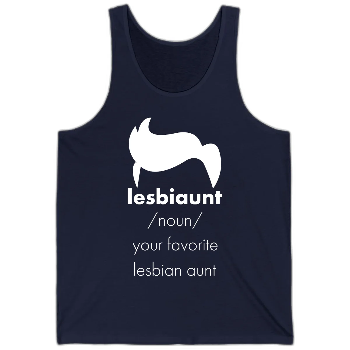 Lesbiaunt design featuring stylized hair silhouette with definition text celebrating lesbian aunts in Navy