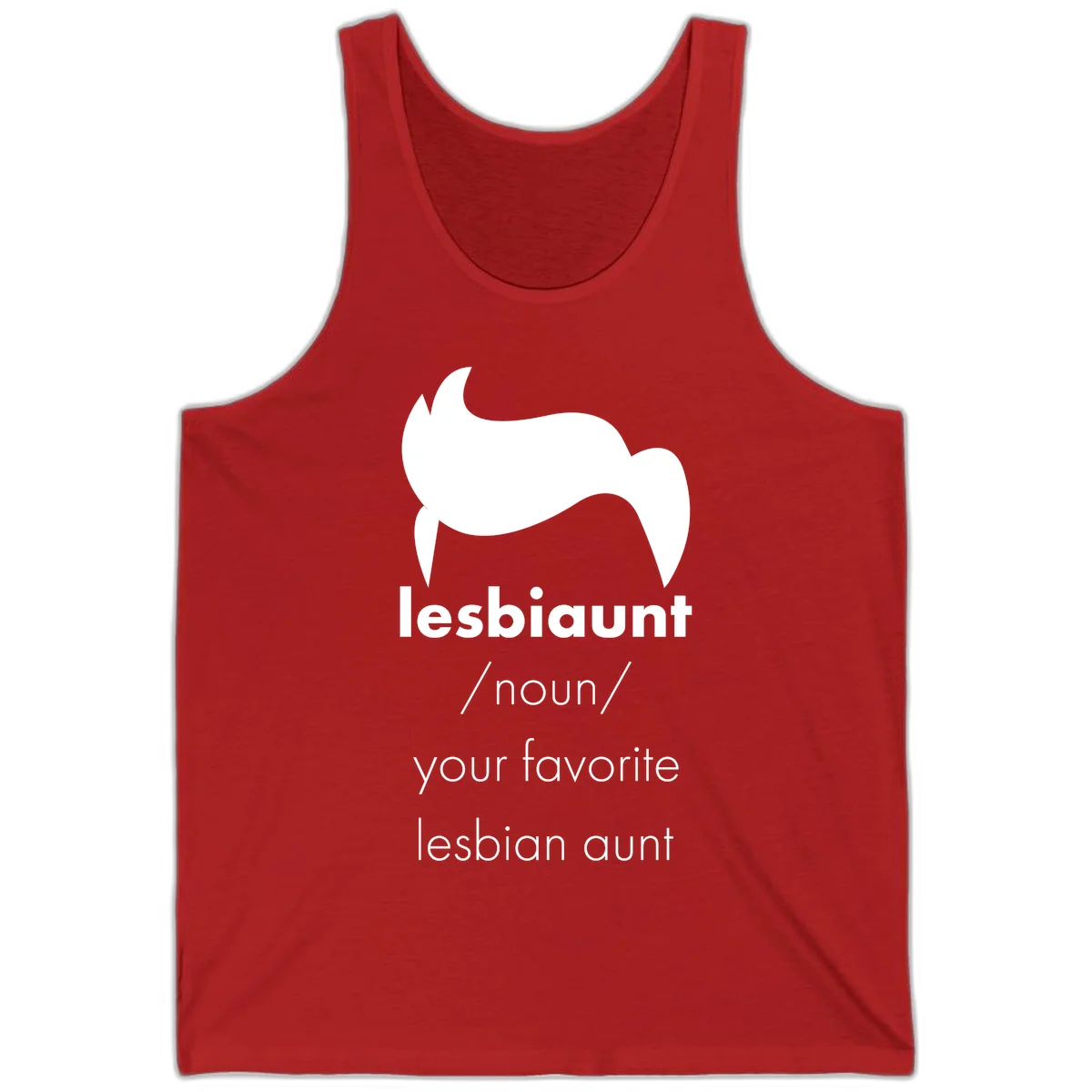 Lesbiaunt design featuring stylized hair silhouette with definition text celebrating lesbian aunts in Red