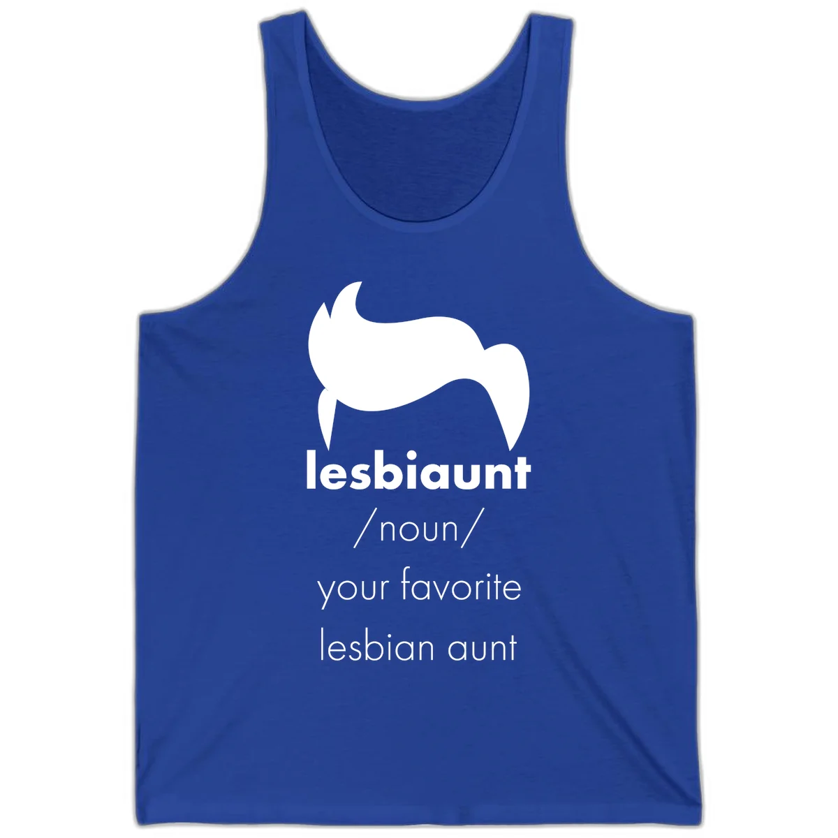 Lesbiaunt design featuring stylized hair silhouette with definition text celebrating lesbian aunts in True Royal