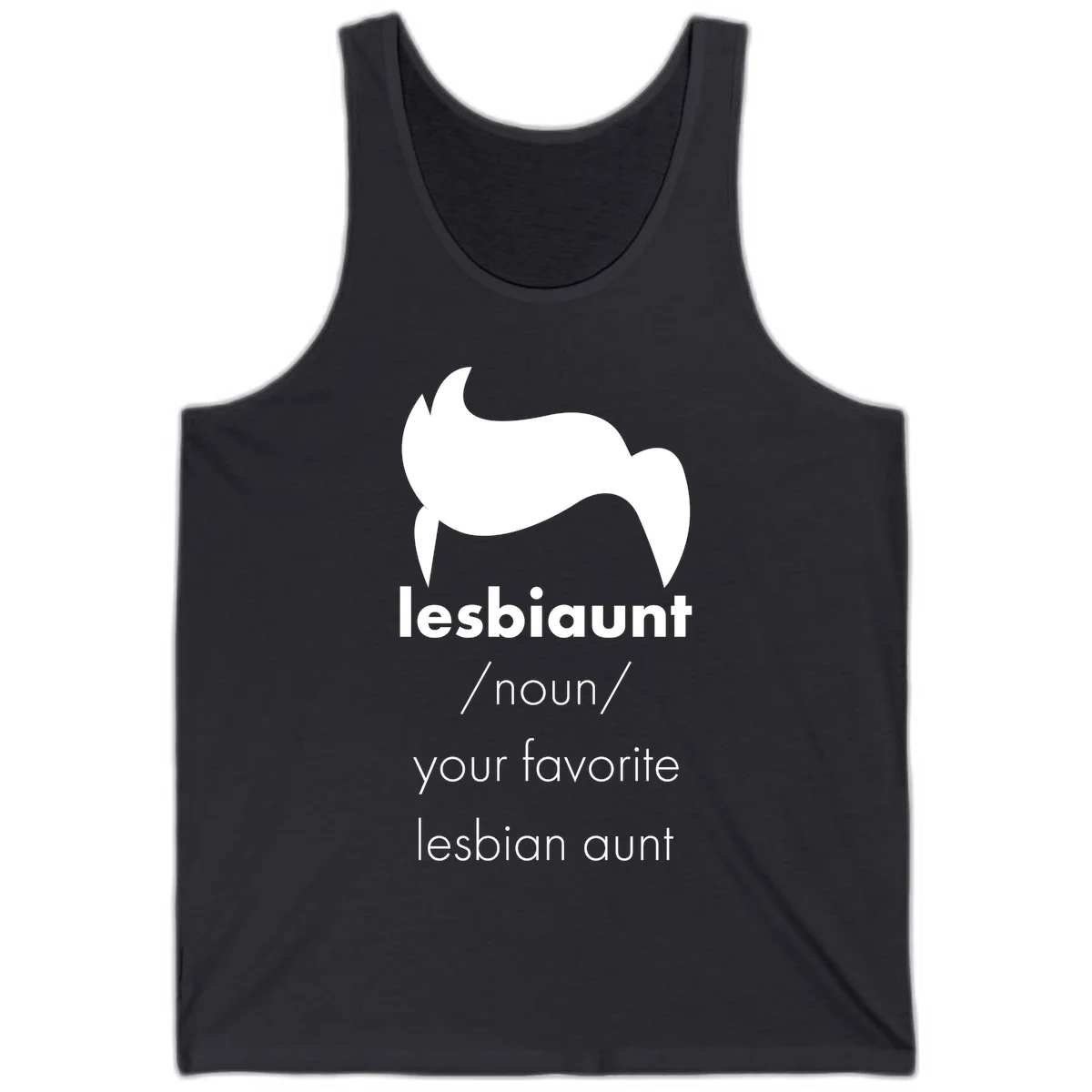 Lesbiaunt design featuring stylized hair silhouette with definition text celebrating lesbian aunts in Dark Grey