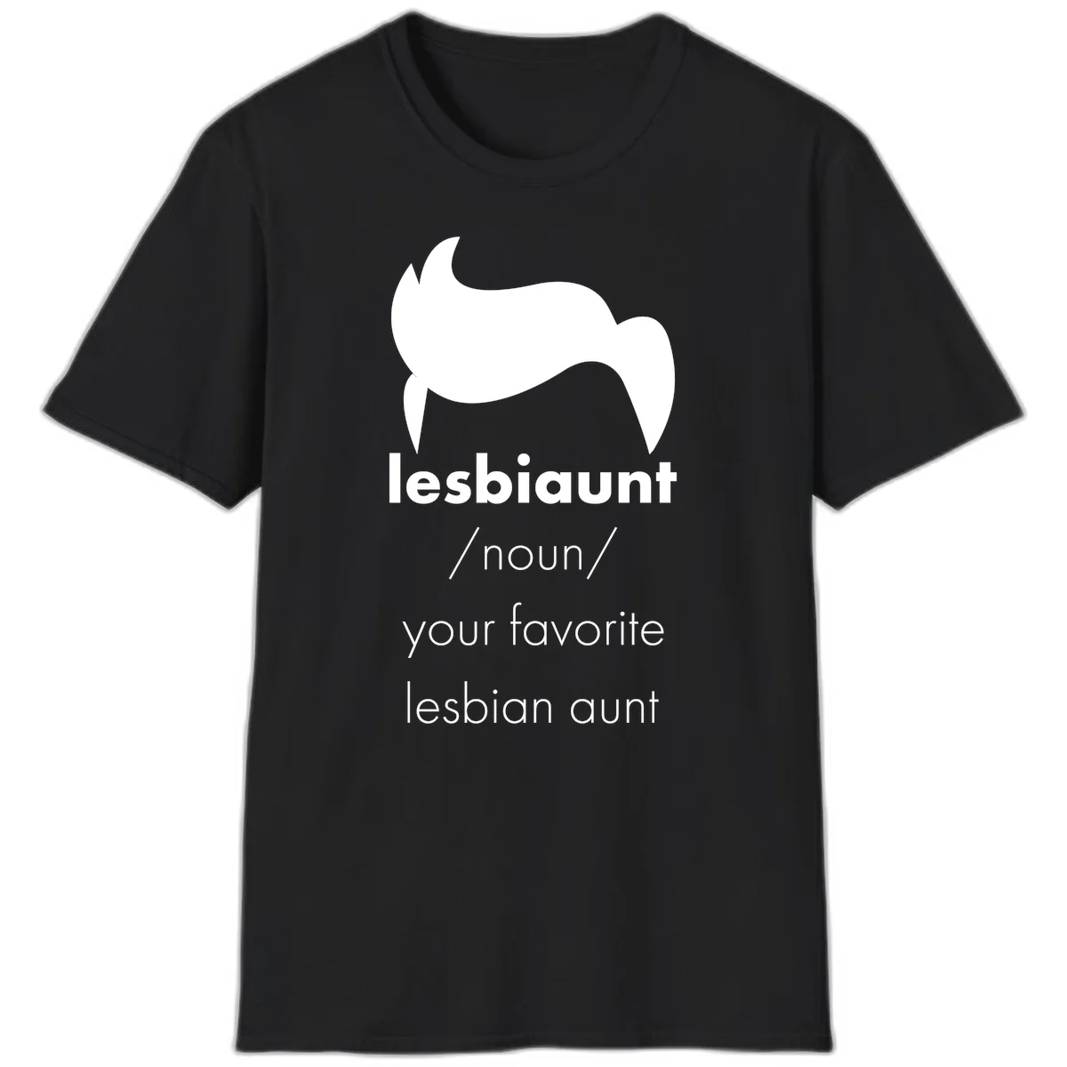 Lesbiaunt design featuring stylized hair silhouette with definition text celebrating lesbian aunts in Black