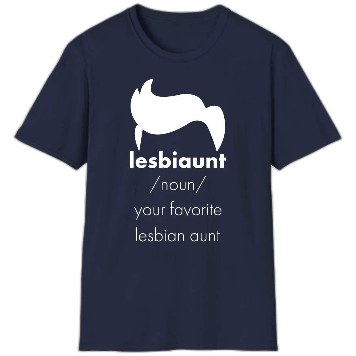 Lesbiaunt design featuring stylized hair silhouette with definition text celebrating lesbian aunts in Navy